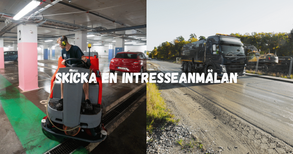 Två arbetsmiljöer hos PL Utemiljö AB – sopmaskinsförare i garage och sopmaskin på vägbygge, med uppmaning att skicka intresseanmälan.